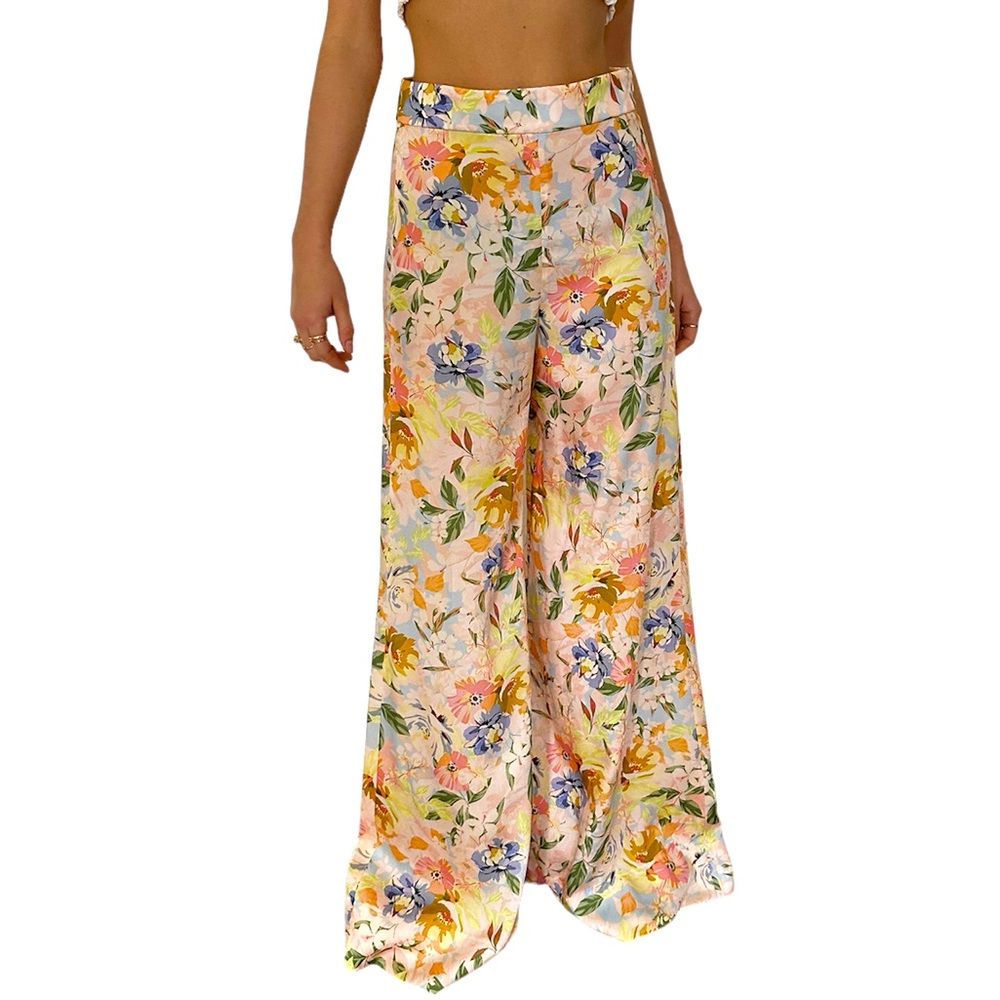 Zara Wide Leg Satin Floral Pants Side Zip Loose EUC Summer Travel Long XS xsmall